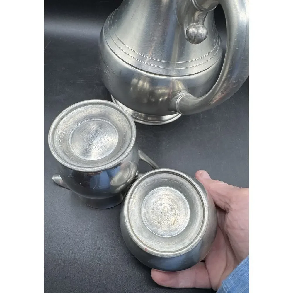 Vintage Woodbury Pewter 3 Piece Teapot Cream and Open Sugar Bowl USA EUC